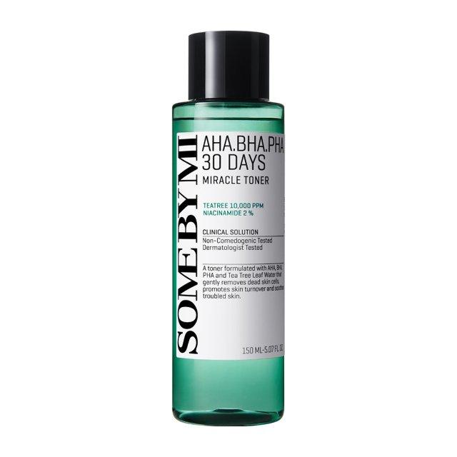 SomeByMi AHA+BHA 30 Days Toner 150ml — white bottle with neon green cap on light surface