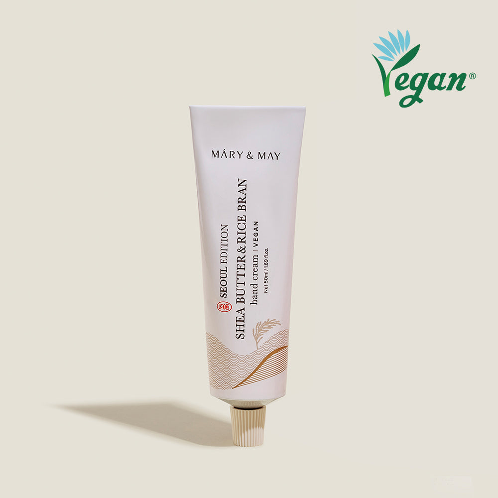 Mary&May Shea Butter & Rice Bran Hand Cream 50ml — unscented aluminum tube, front view