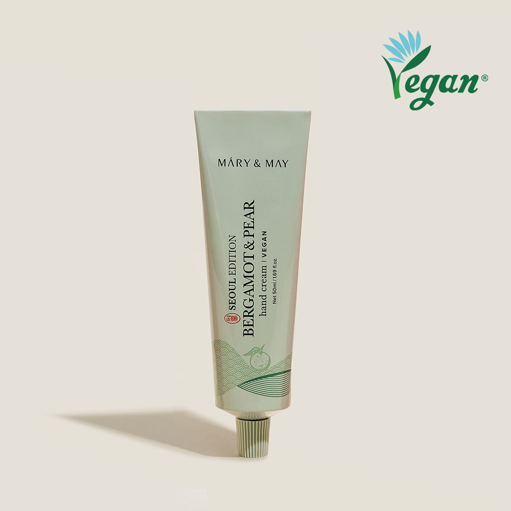 Mary&May Bergamot & Pear Hand Cream 50ml — aluminum tube with Seoul Edition label, side view