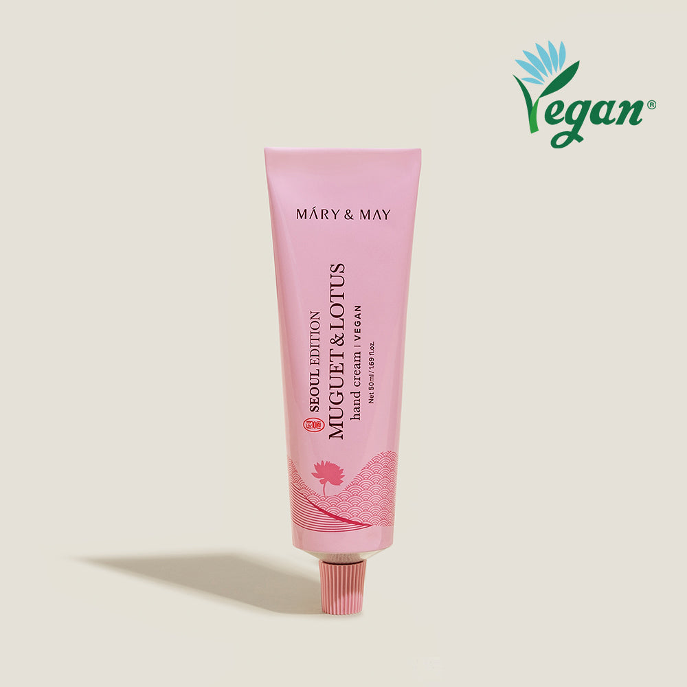 Mary&May Muguet & Lotus Hand Cream 50ml — aluminum tube with floral Seoul Edition label, front view