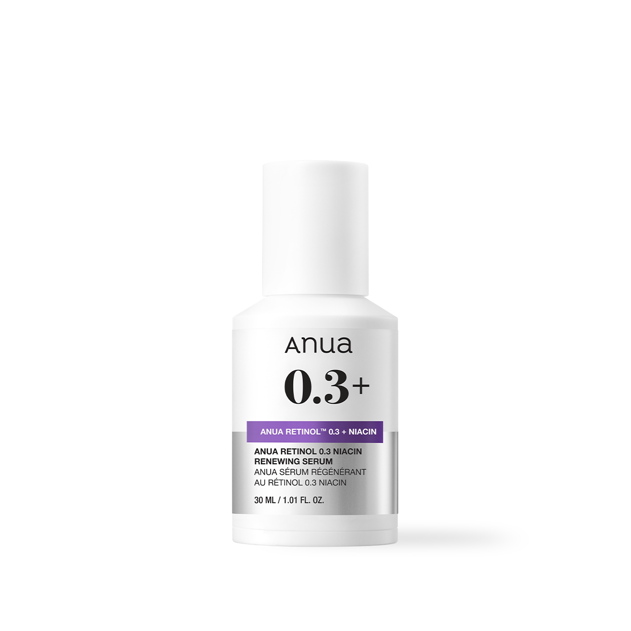 Anua Nano Retinol 0.3% Niacin Renewing Serum 30ml — dark dropper bottle with pump dispenser on white background