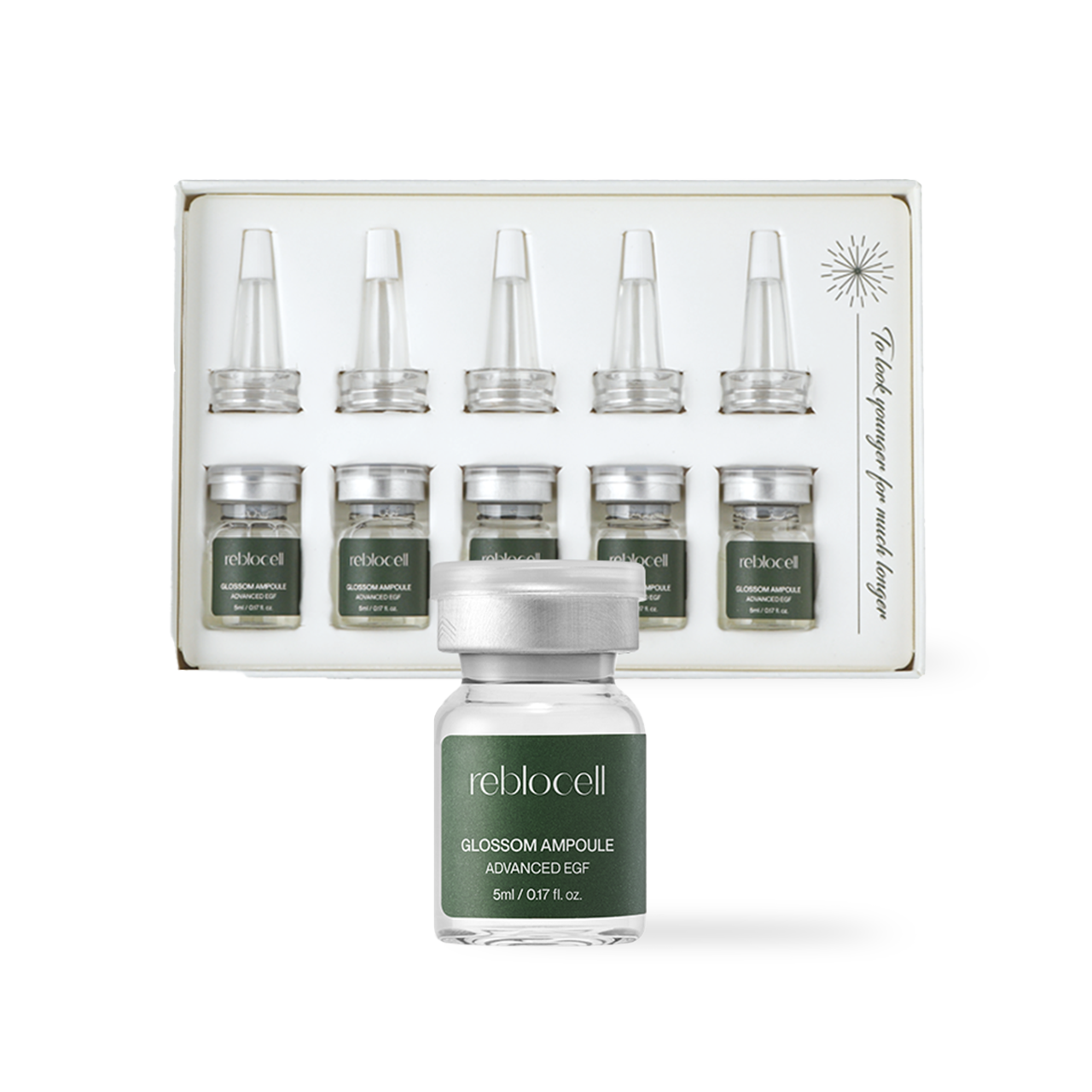 Reblocell Glossom EGF Ampoule 4ppm 5ml x5 — five small dropper vials in box packaging