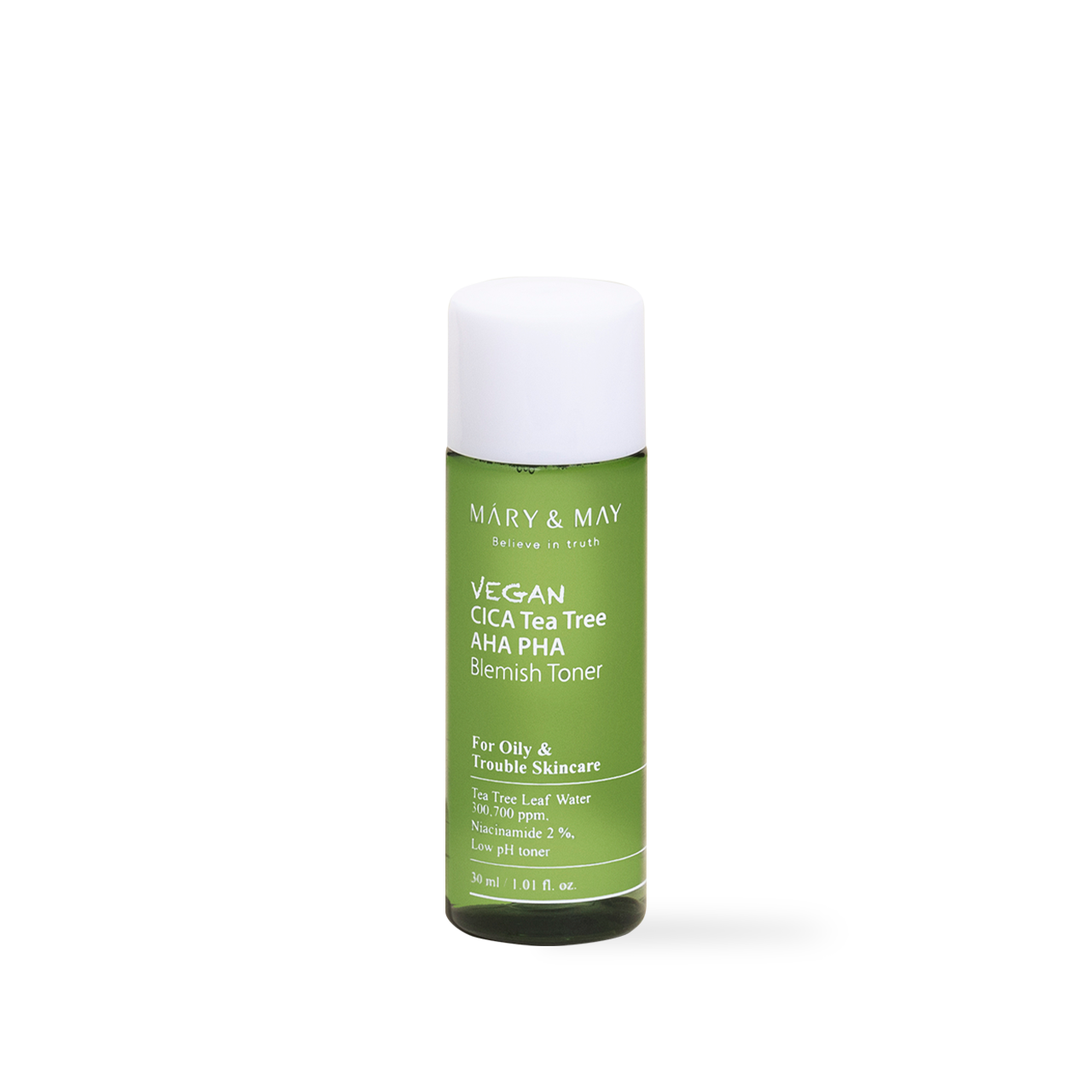 Mary&May CICA Tea Tree AHA PHA Blemish Toner 30ml — miniature bottle, travel size with green label