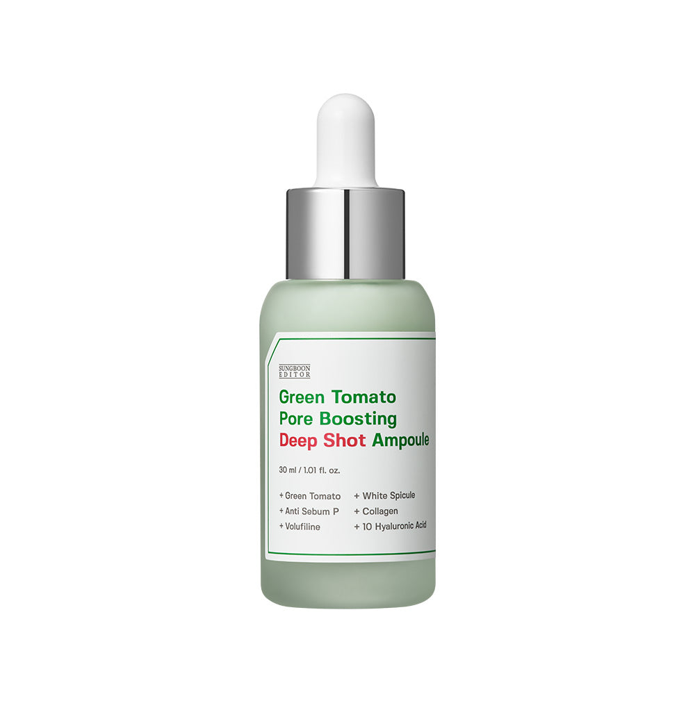 SUNGBOON EDITOR Green Tomato Pore Boosting Deep Shot Ampoule 30ml — slim dropper bottle front