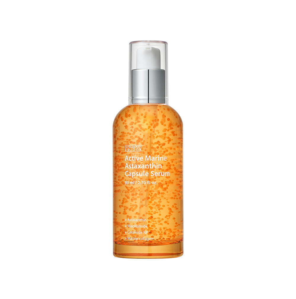 SUNGBOON EDITOR Active Marine Astaxanthin Capsule Serum 80ml — orange pump bottle on neutral background