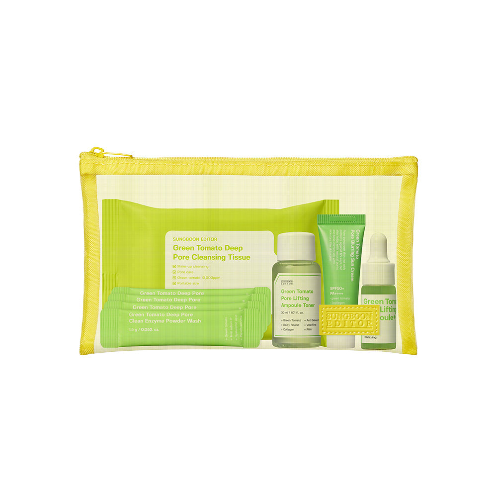 SUNGBOON EDITOR Green Tomato Skincare Travel Kit 150g — mesh pouch with five mini products