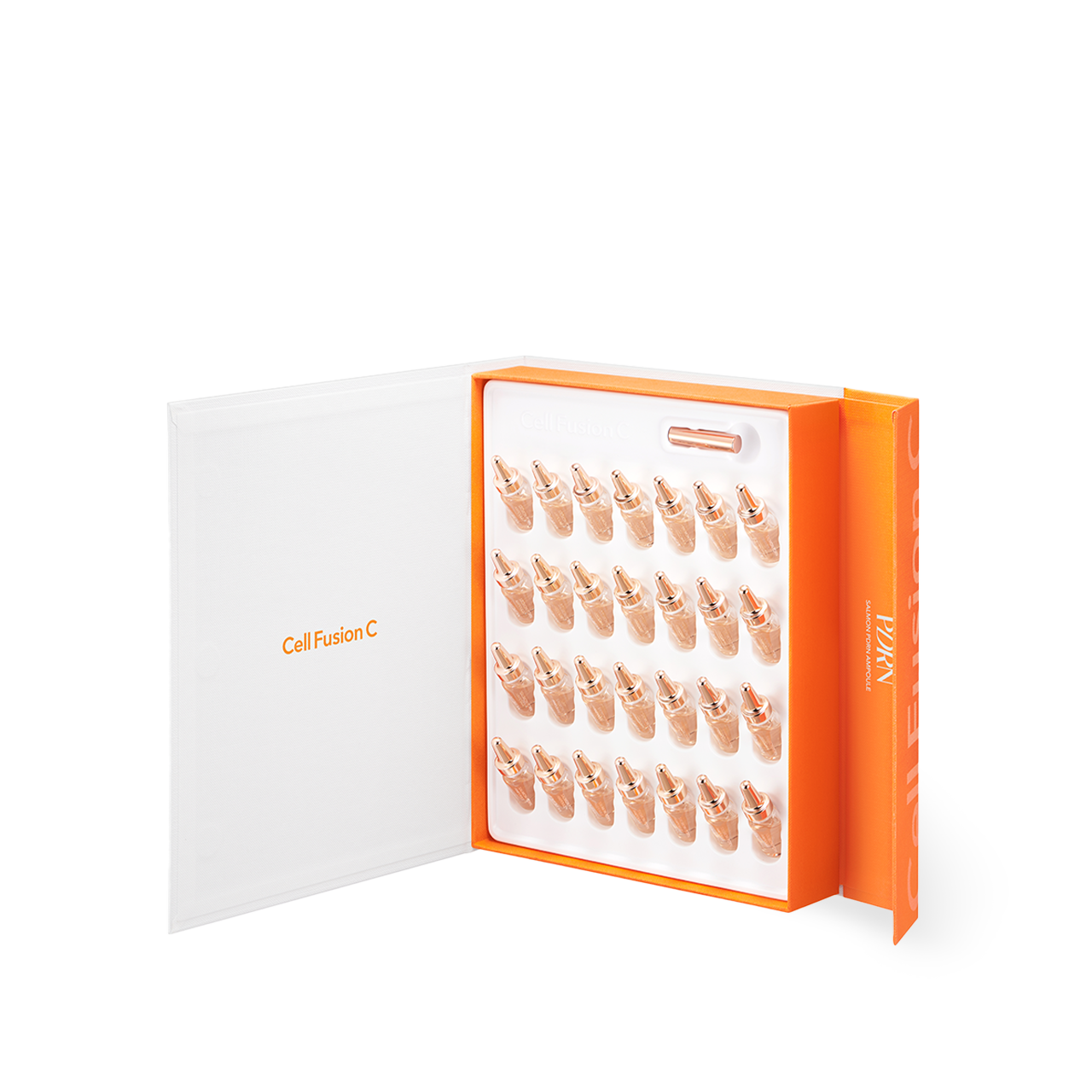 CellFusionC Salmon PDRN Ampoule 2ml 28 vials — box with individual glass ampoule vials on white background