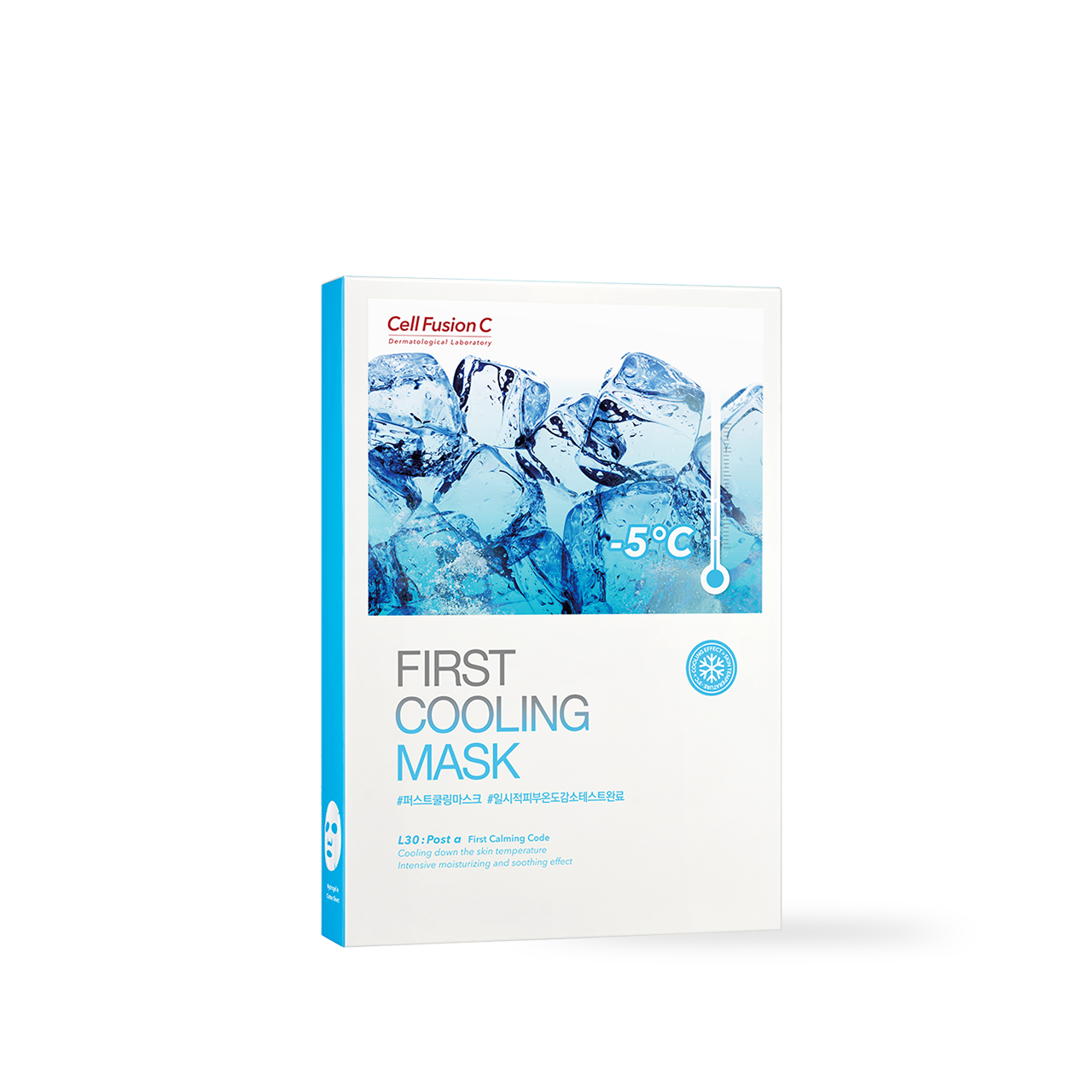 CellFusionC Post Alpha First Cooling Mask 5 sheets — blue and white pouch pack on icy cool-toned surface