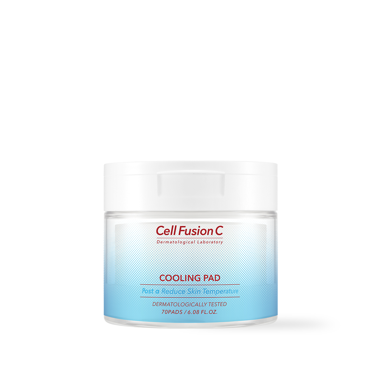 CellFusionC Post Alpha Cooling Pad 70 pads — frosted white container with blue glacial-water motif on cool-toned background