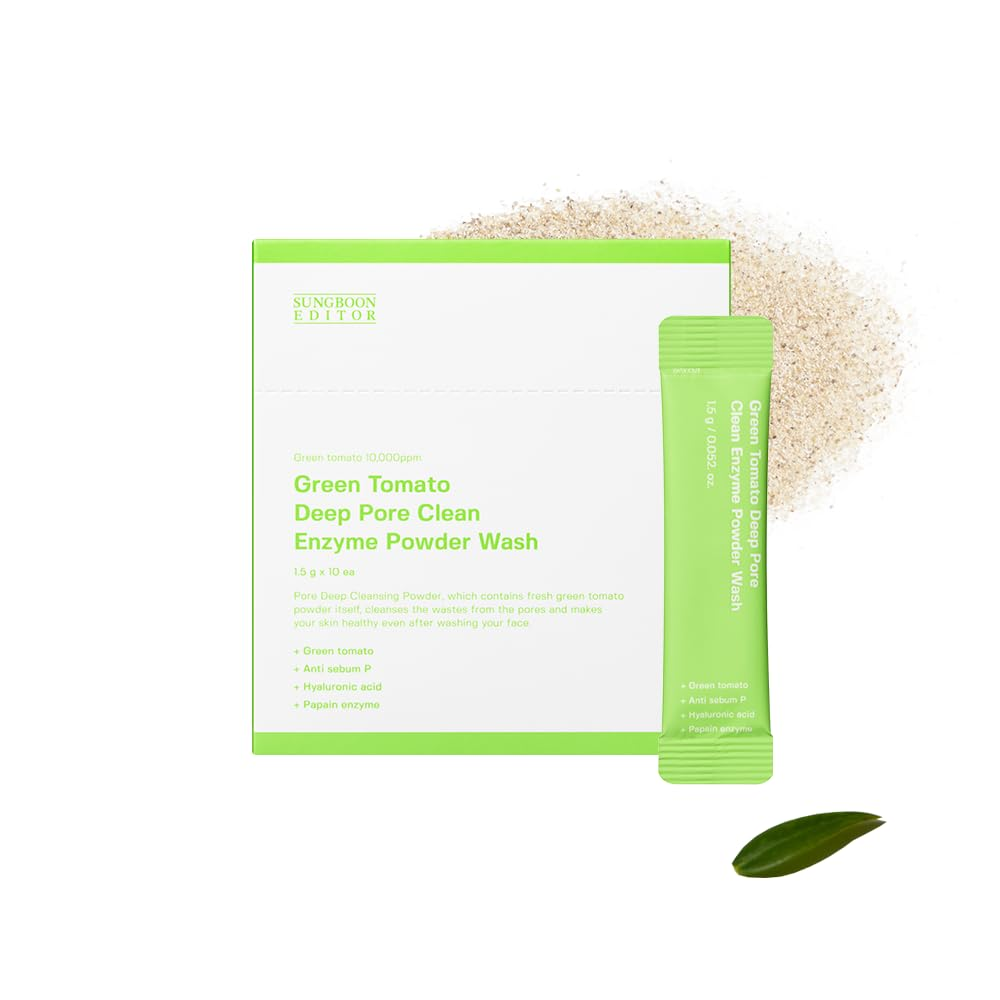 SUNGBOON EDITOR Green Tomato Enzyme Powder Wash 1.5g sachets — sachets fanned out on white background
