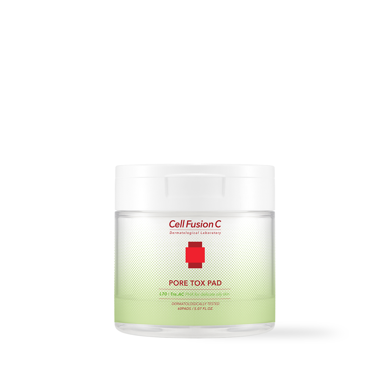 CellFusionC Pore Tox Pad 60 pads — round white tub with flip-top lid showing stacked cotton pads inside