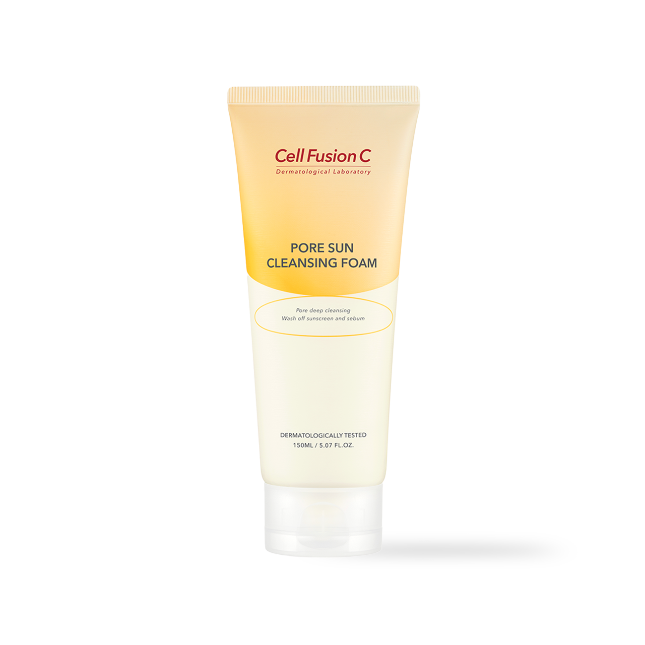 CellfusionC Pore Sun Cleansing Foam 150ml — white foaming pump bottle on white background