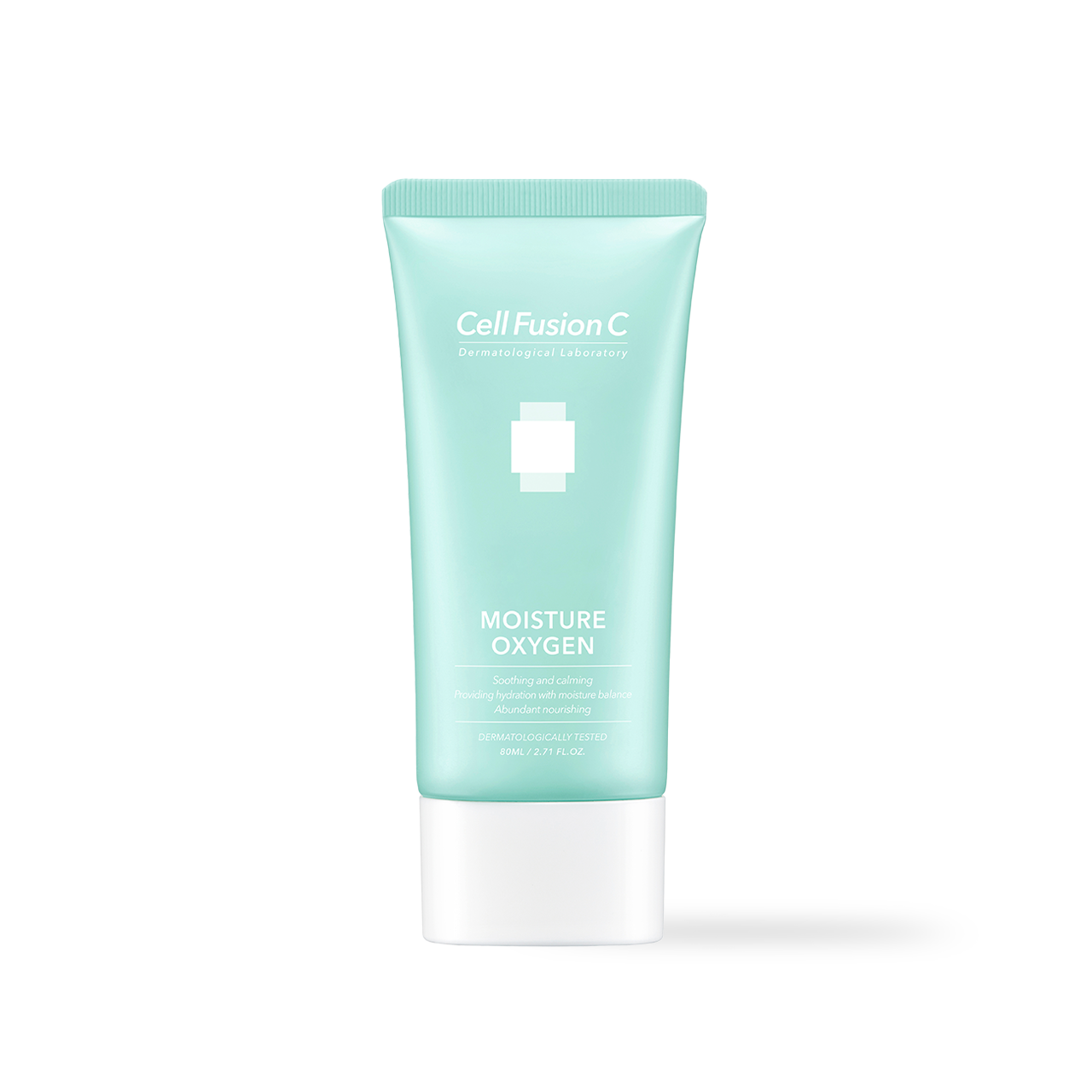 CellFusionC Moisture Oxygen 80ml lotion — white bottle with soft-green label on minimalist white studio surface