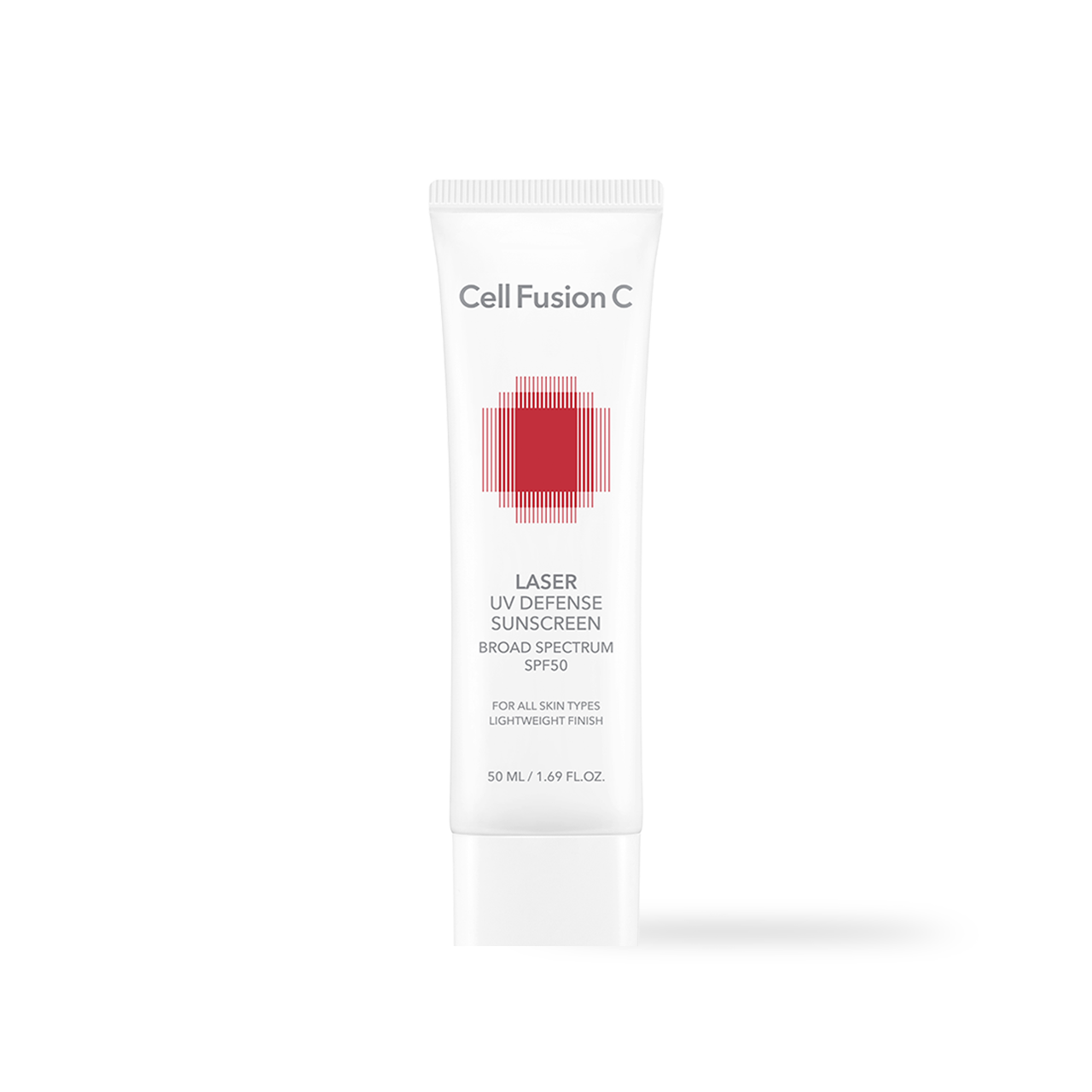 CellFusionC Laser UV Defense Sunscreen OTC 50ml — white squeeze tube with navy label facing front on white surface