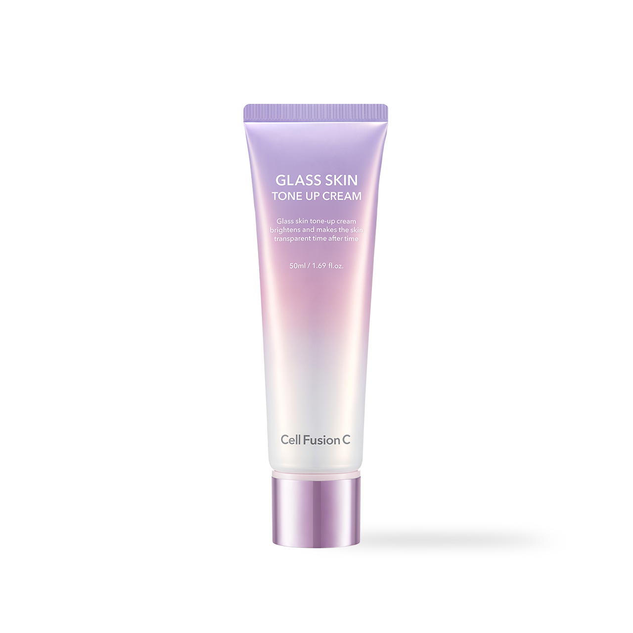 CellFusionC Glass Skin Tone Up Cream 50ml — glass-finish jar on reflective white surface beside open lid