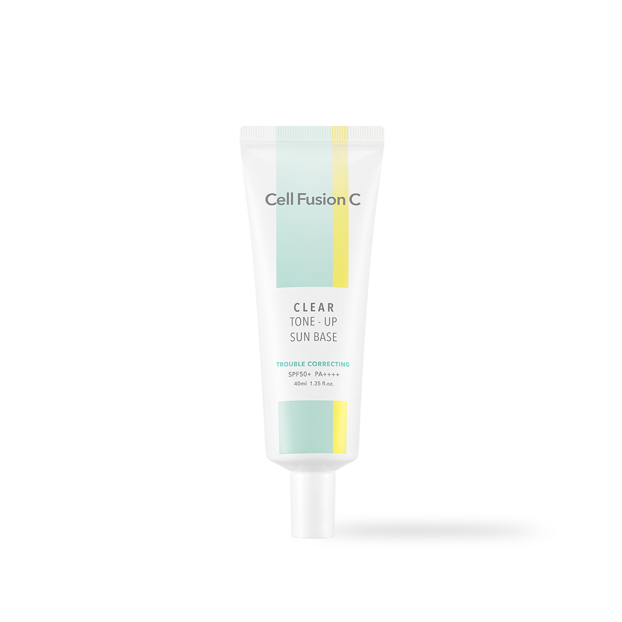 CellFusionC Clear Tone-Up Sun Base SPF50+ 40ml — white tube with translucent clear cap on pale background