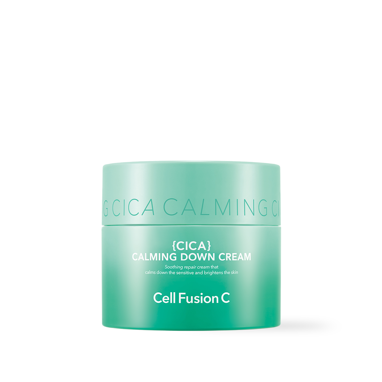 CellFusionC Cica Calming Down Cream 50ml — green-tinted jar with lid beside open jar showing cream texture