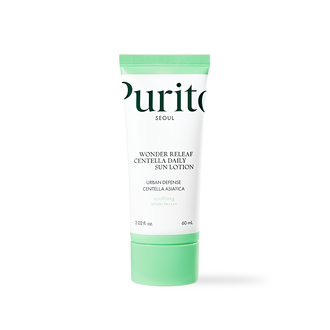 Purito Wonder Releaf Centella Daily Sun Lotion SPF50+ 60ml — bottle with pump dispenser on white