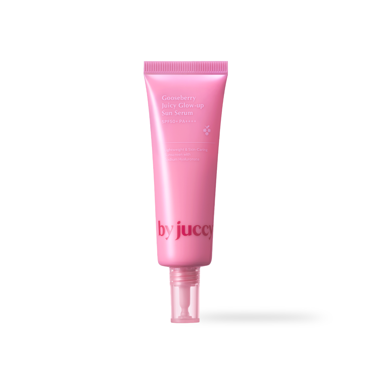 By Juccy Gooseberry Juicy Glow Up Sun Serum 50ml — slim white sunscreen tube on bright background