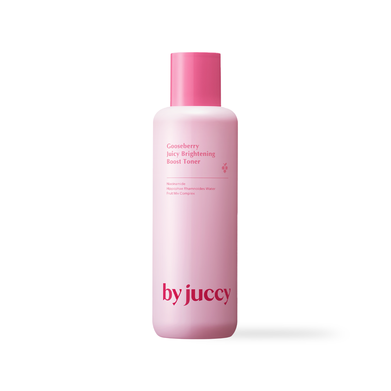 By Juccy Gooseberry Brightening Boost Toner 150ml — pink flat bottle with pump dispenser on white