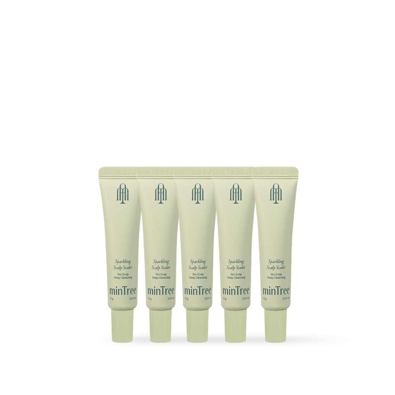 MinTree Sparkling Scalp Scaler 5-pack 15g — flat lay of tube applicators on white surface