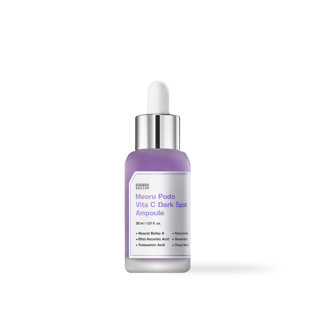 SUNGBOON EDITOR Meoru Podo VitaC Dark Spot Ampoule 30ml — dropper bottle with purple-toned label