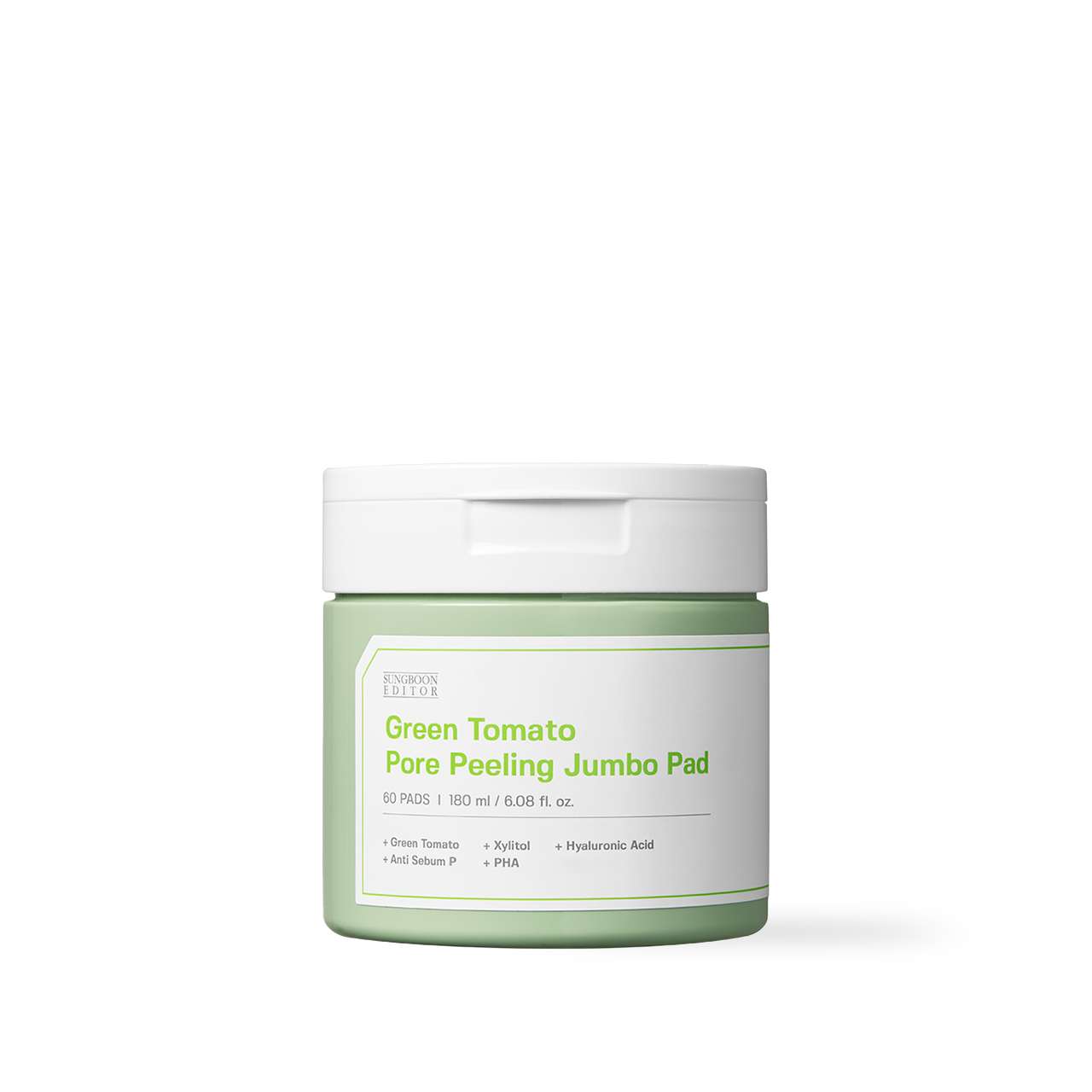 SUNGBOON EDITOR Green Tomato Pore Peeling Jumbo Pad 60 Sheets — round tub jar with green label