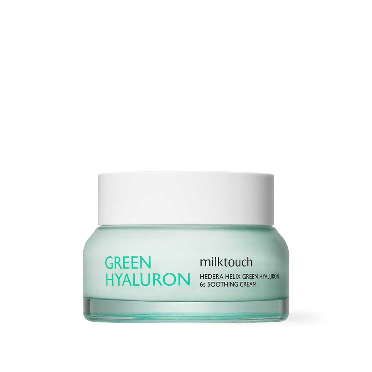 milktouch Hedera Helix Green Hyaluron Moisture Cream 50ml — green jar with lid off, top view