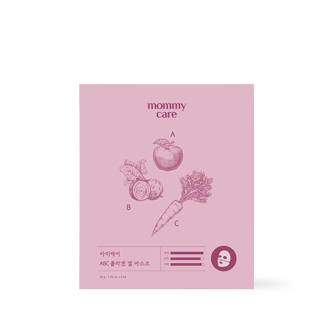 mommycare ABC Collagen Gel Mask 36g 4pcs — box of collagen gel sheet masks on white background