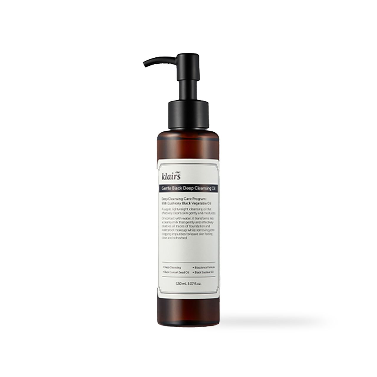 Dear Klairs Gentle Black Deep Cleansing Oil 150ml — dark pump bottle on white