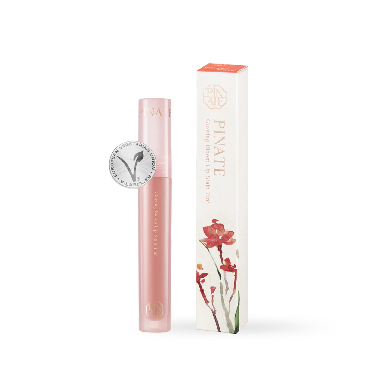 Pinate Glowing Bloom Lip Stain 02 Neutral Coral — dual-tip applicator product shot