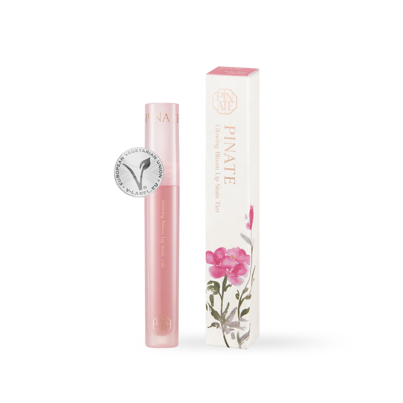 Pinate Glowing Bloom Lip Stain 01 Icy Rose 2.9g — dual-tip applicator on light background