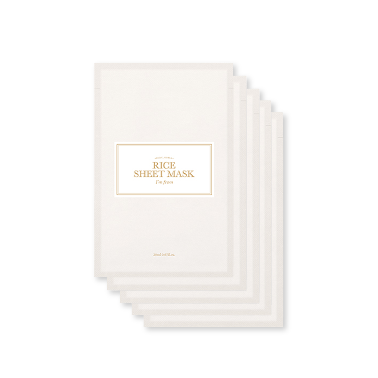 ImFrom Rice Sheet Mask Set 5ea — five flat white pouches fanned out on white background