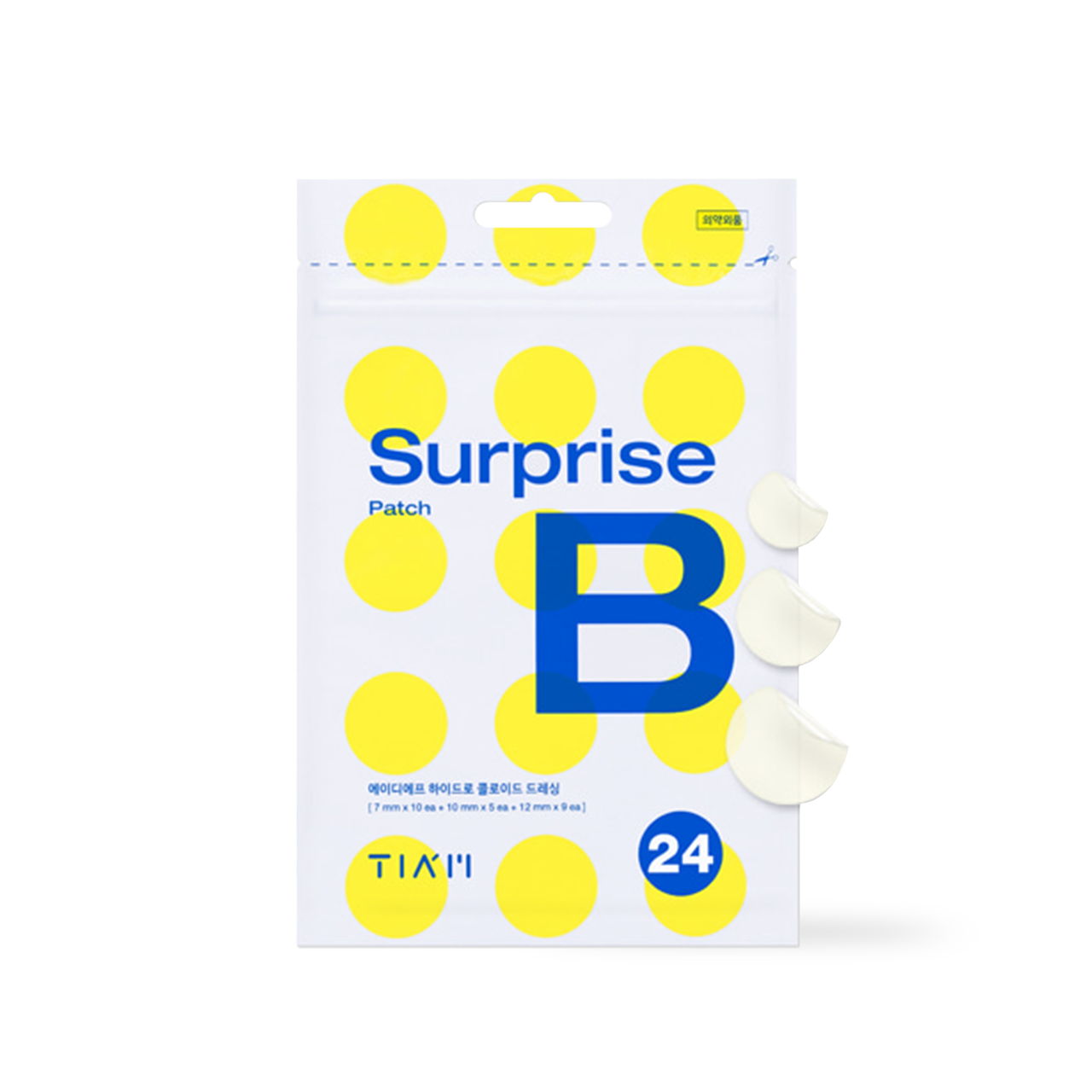 TIAM Surprise B Patch 24 count — flat sheet of multi-sized hydrocolloid patches on packaging
