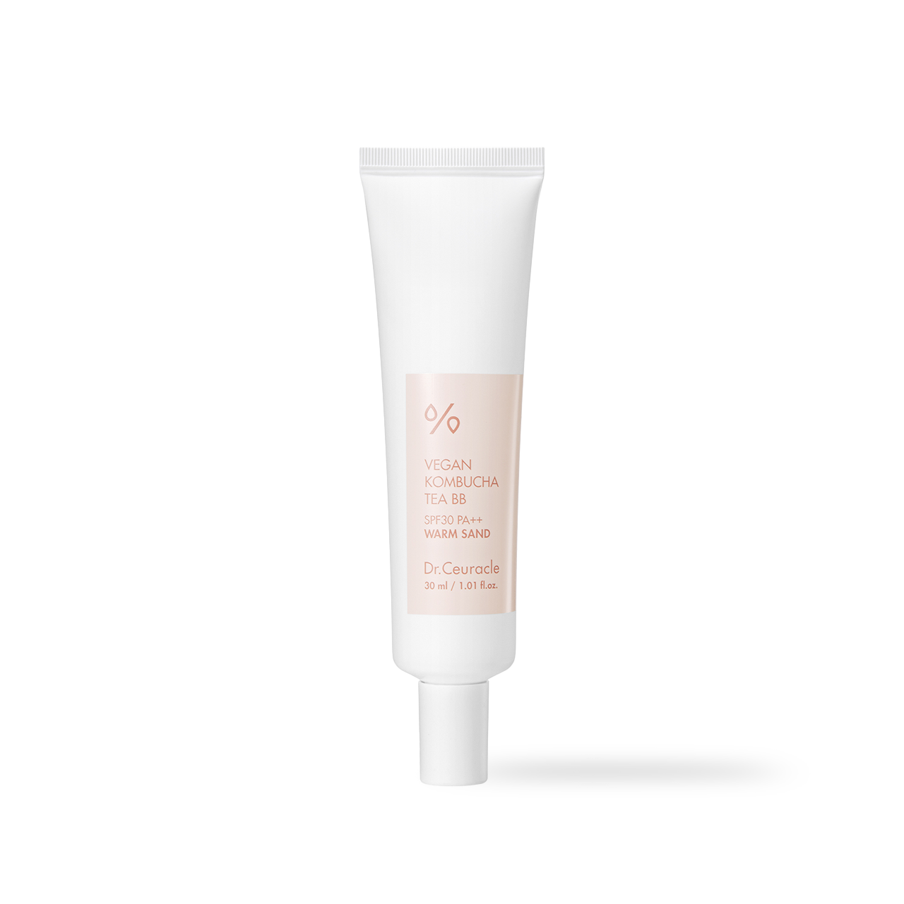 Dr.Ceuracle Vegan Kombucha Tea BB Warm Sand 30ml — tube with warm beige shade swatch beside it