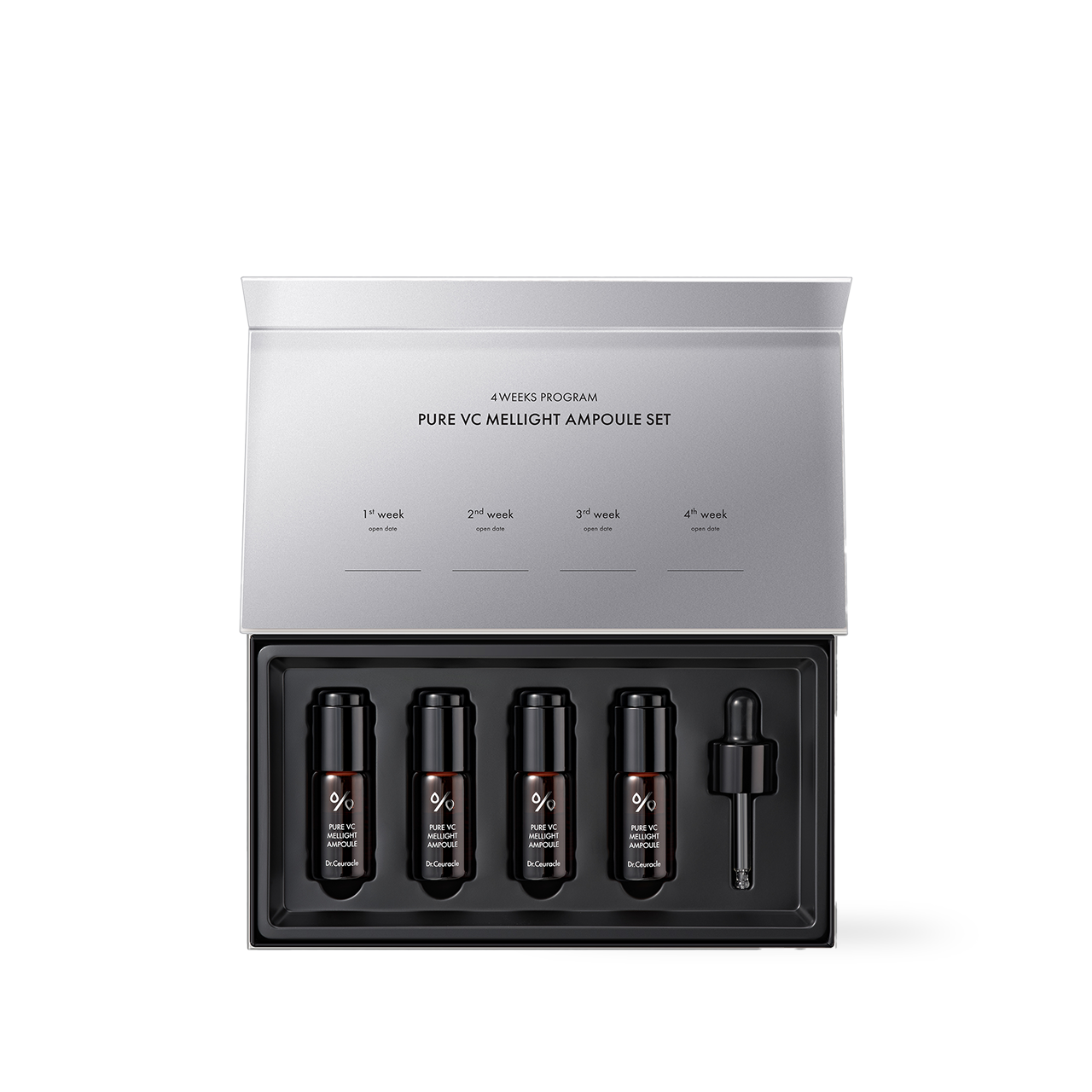 Dr.Ceuracle Pure VC Mellight Ampoule Set (0.8g+8ml)*4 — powder vial and serum bottles on white background