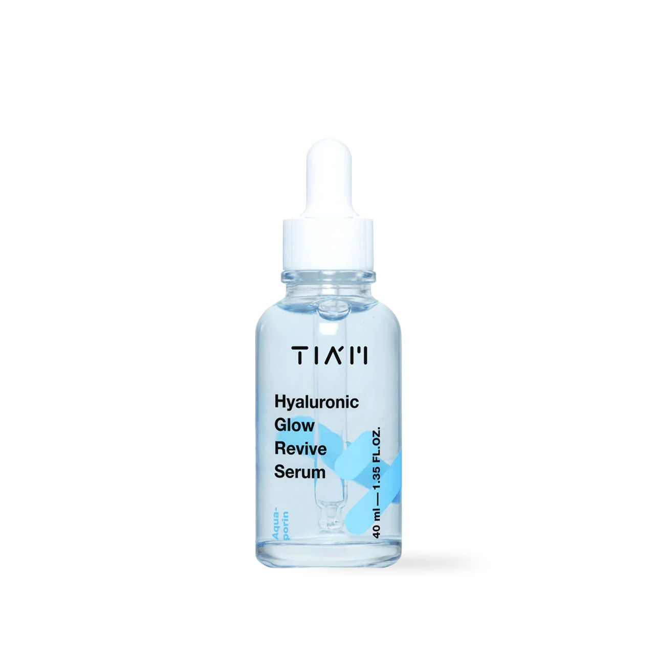 Tiam Hyaluronic Glow Revive Serum 40ml — clear bottle with dropper and blue label, side view
