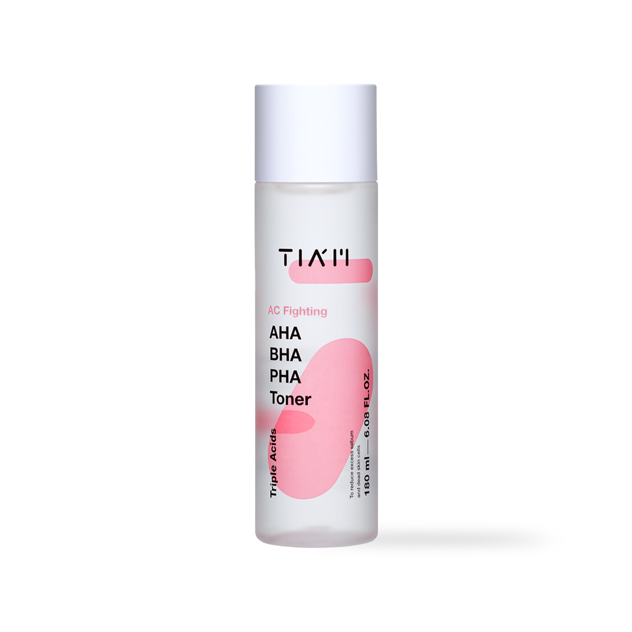 TIAM AC Fighting AHA BHA PHA Toner 180ml — clear bottle with teal label, front of bottle