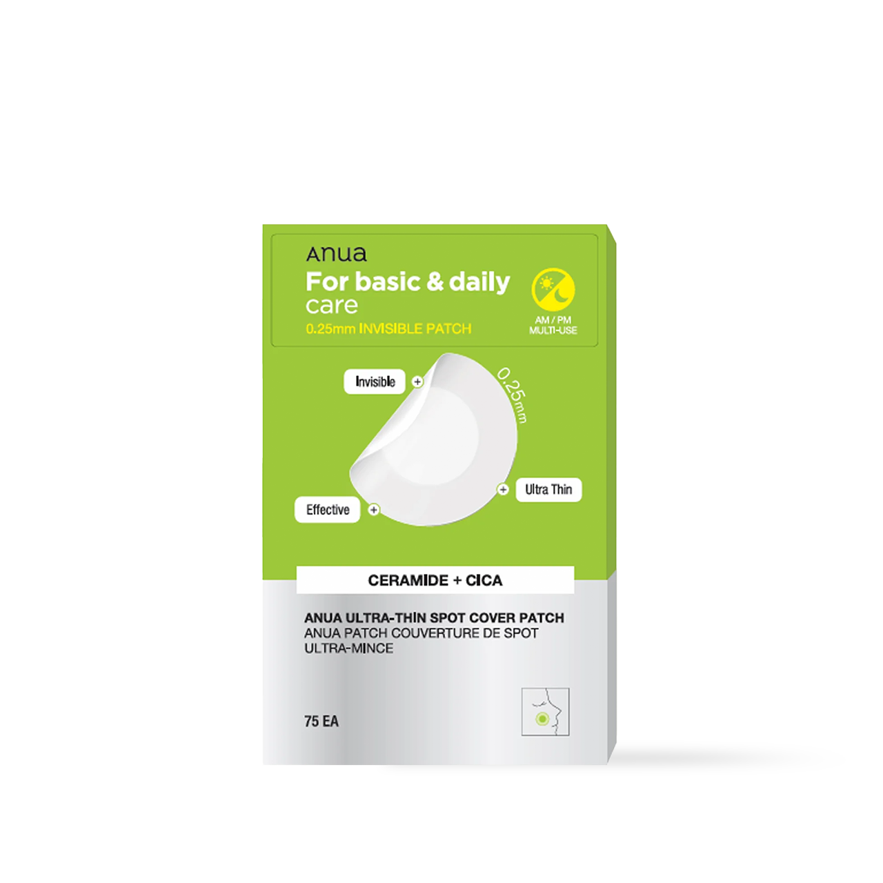 Anua Ultra Thin Spot Cover Patch 75ea — clear packaging sheet showing round hydrocolloid patches