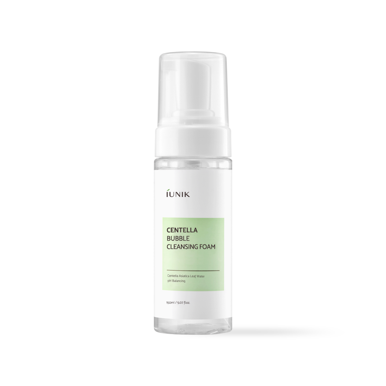 IUNIK Centella Bubble Cleansing Foam 150ml — green pump bottle on white surface