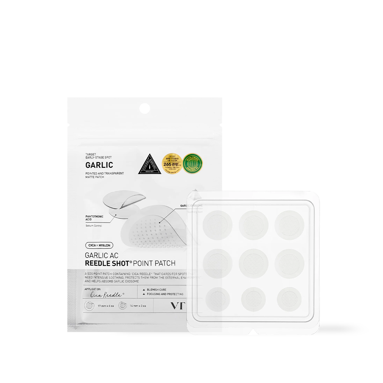 VT Cosmetics Garlic AC Reedle Shot Point Patch — pouch showing micro-needle point patch discs