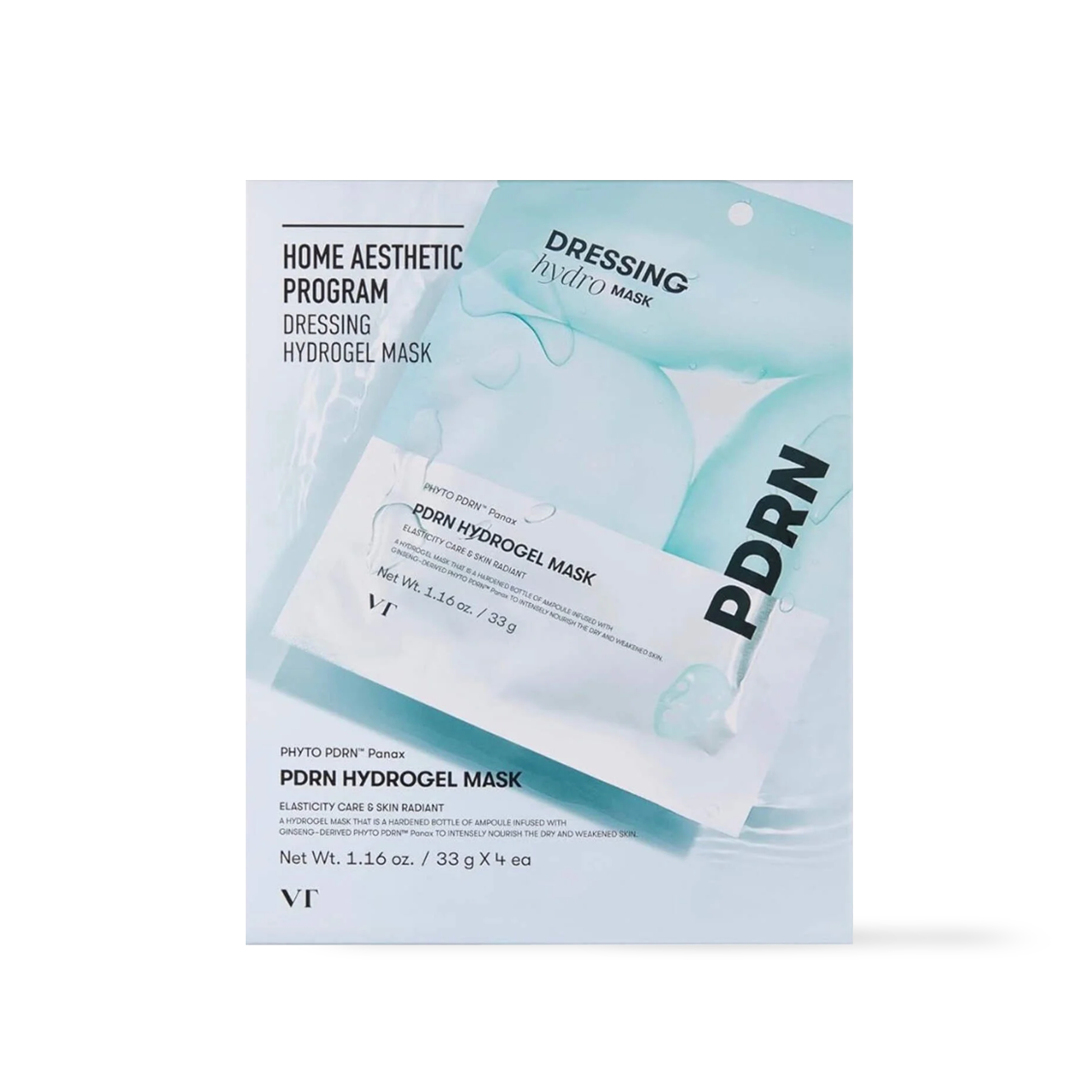 VT Cosmetics PDRN Hydrogel Mask 4-pack — four hydrogel mask pouches with PDRN ginseng label fanned out