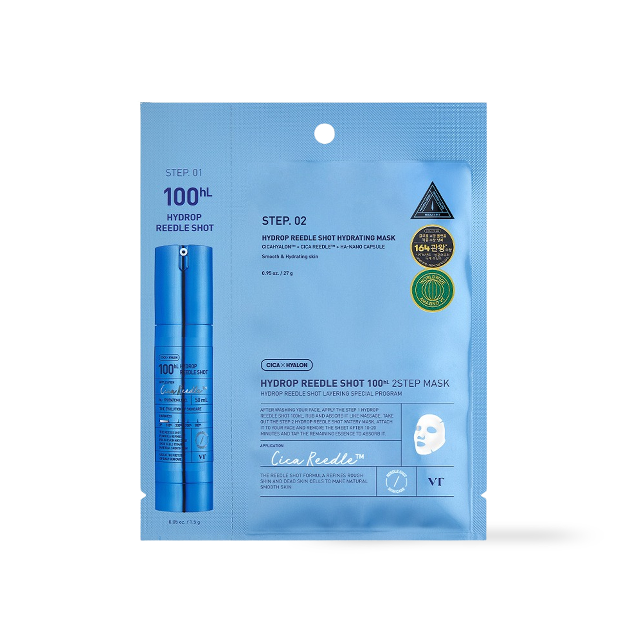 VT Cosmetics Hydrop Reedles Shot 100hL 2-Step Mask — box with hydrogel aqua sheet mask pouch
