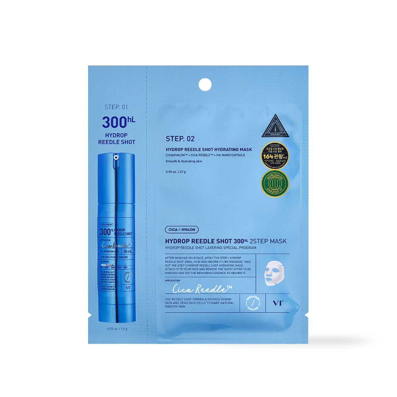 VT Cosmetics Hydrop Reedles Shot 300hL 2-Step Mask — box and hydrogel mask pouch on white background