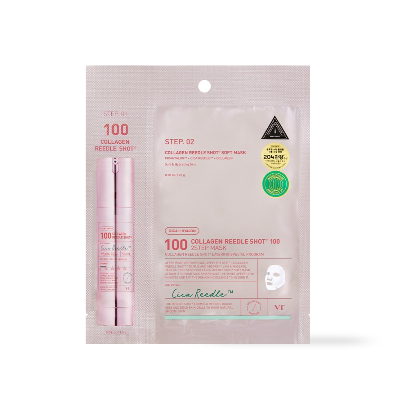 VT Cosmetics Collagen Reedle Shot 100hL 2-Step Mask — box and hydrogel sheet mask pouch