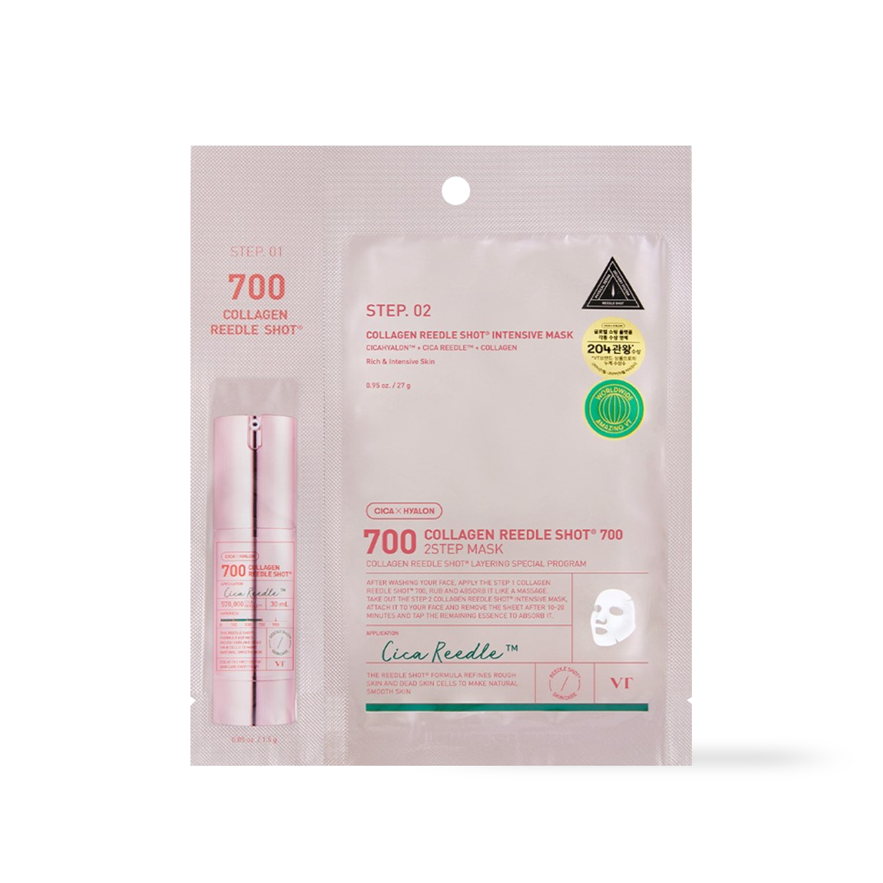 VT Cosmetics Collagen Reedle Shot 700hL 2-Step Mask — box and hydrogel sheet mask pouch with collagen ampoule