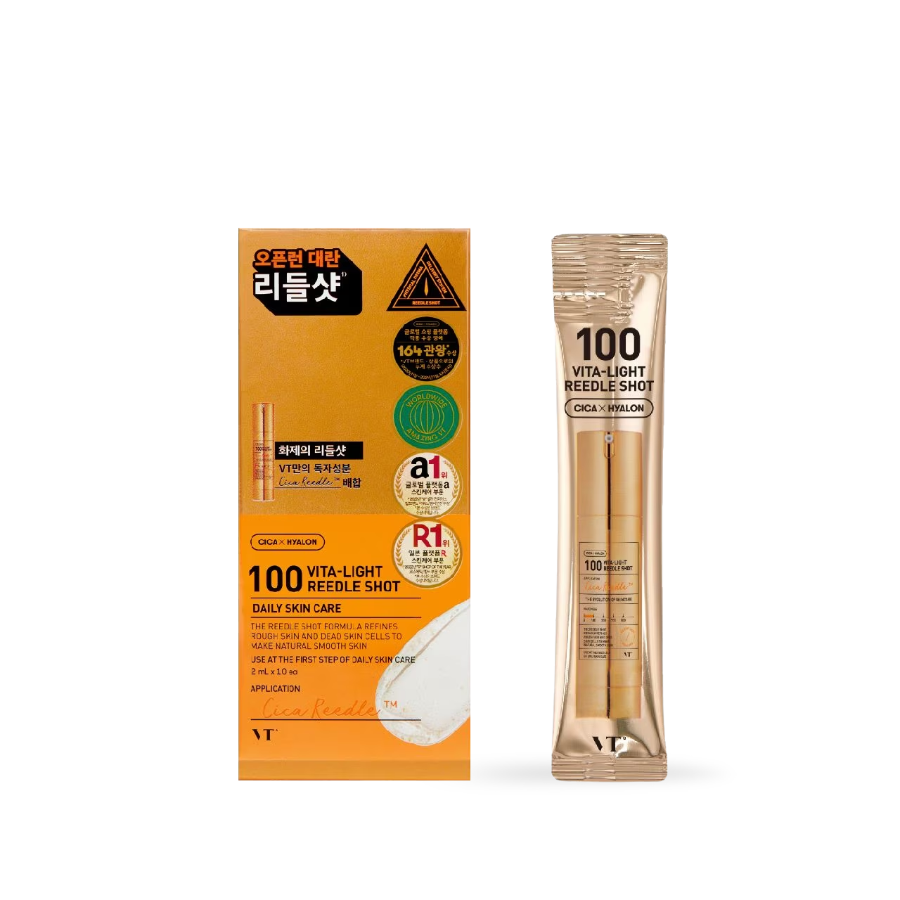 VT Cosmetics 100 VITA-LIGHT Reedle Shot 10ea — sachets with bright yellow vitamin C themed packaging