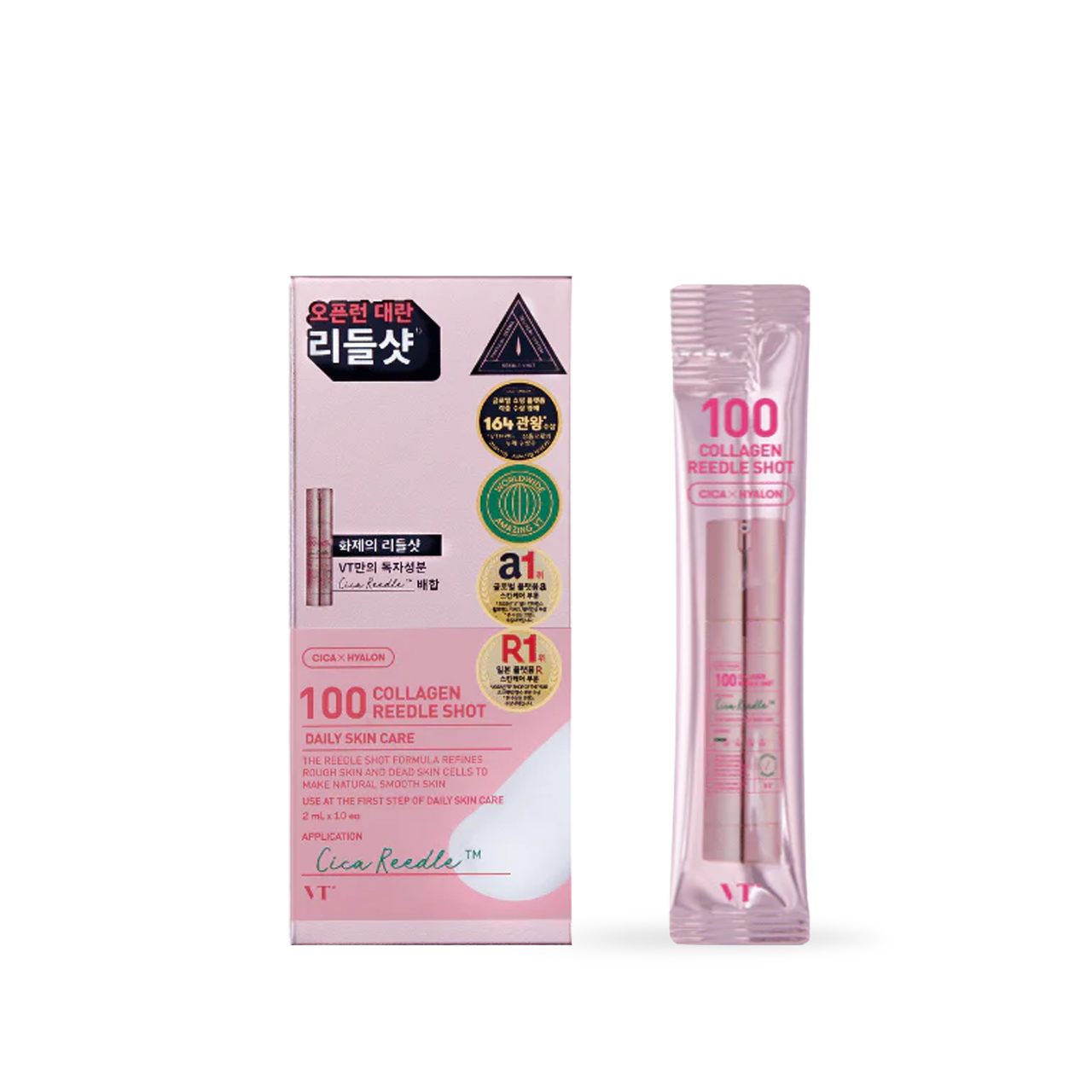 VT Cosmetics 100 Collagen Reedle Shot 10ea — individual sachet packets with pink collagen branding
