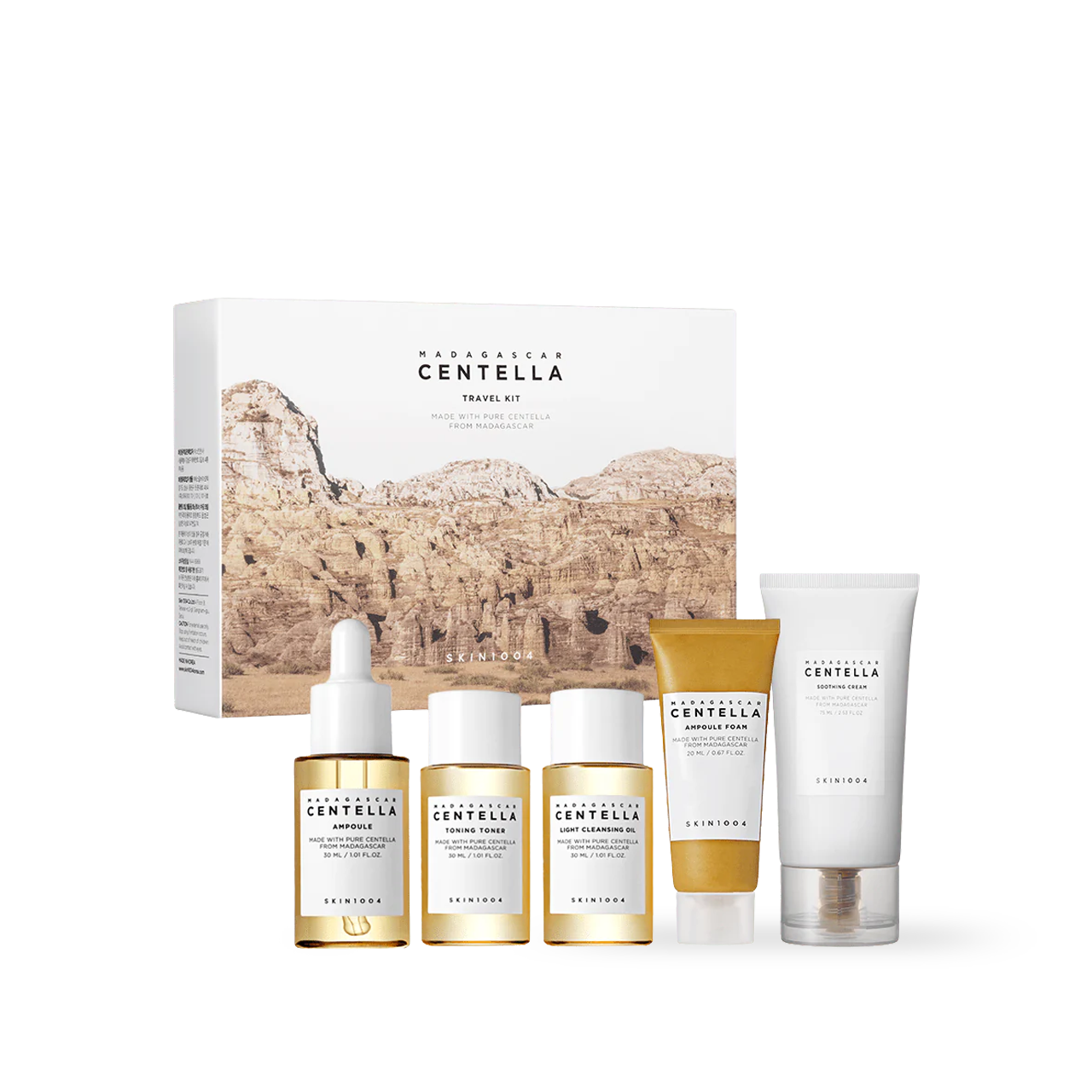 SKIN1004 Madagascar Centella Travel Kit — five mini products arranged together on white surface