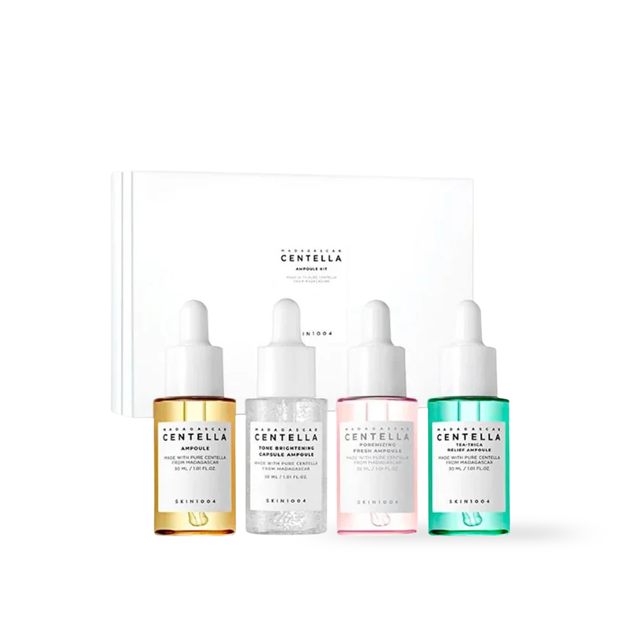 SKIN1004 Madagascar Centella Ampoule Kit — four ampoule bottles grouped together on white background